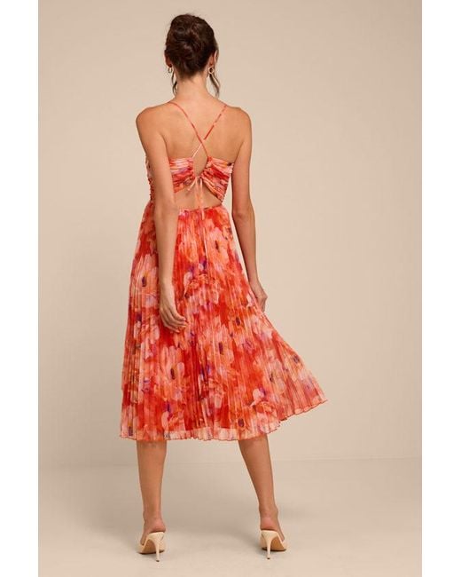 Lulus Red Whitley Floral Pleated Sleeveless Midi Dress