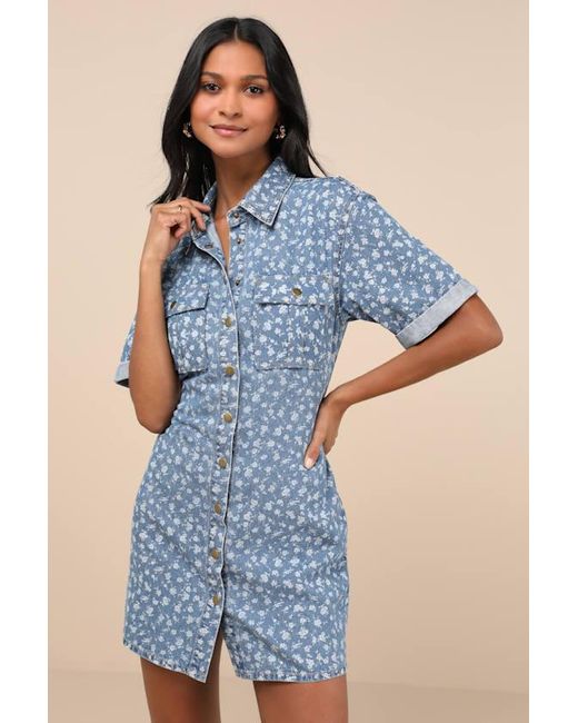 Lulus Blue Renske Light Wash Denim Floral Button-Front Mini Dress
