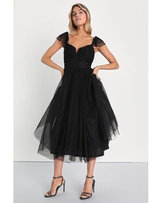 Lulus Flirtatious Feeling Tulle Flutter Sleeve A Line Midi Dress in Black Lyst UK