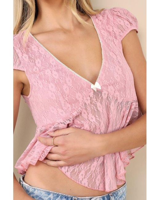 Lulus Pink Eliara Lace Cap Sleeve Babydoll Top