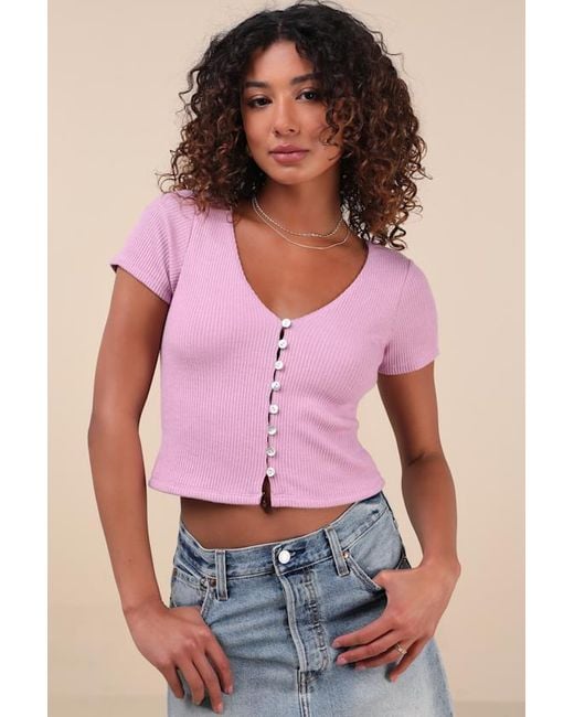 Lulus Pink My Everyday Best Ribbed Short Sleeve Button-Front Top