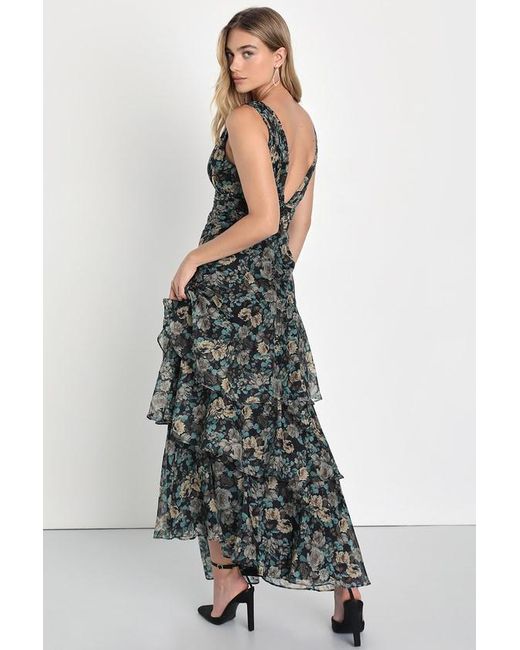 Lulus Black Sweeping Sensation Floral Print Organza Pleated Maxi Dress