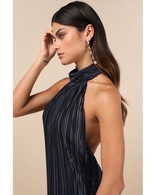 Lulus Blue Gwenny Dark Satin Plisse Maxi Dress