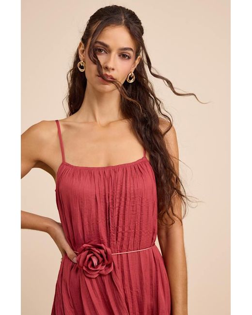 Lulus Red Alitra Dark Rose Pleated Rose Belt Sleeveless Midi Dress