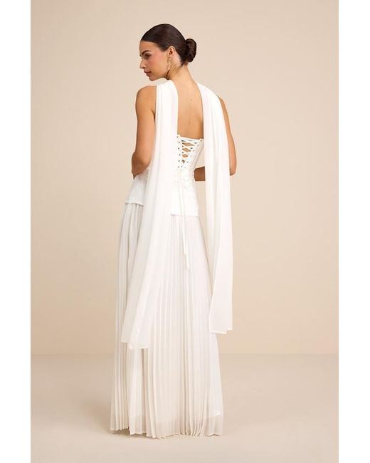 Lulus Natural Eloise Jacquard Pleated Maxi Dress And Scarf Set