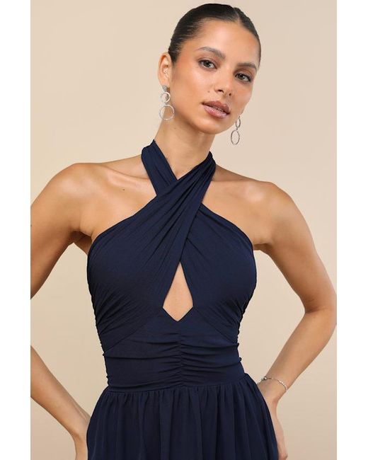 Lulus Emrah Cross-Front Cutout Halter Midi Dress in Blue | Lyst Lulus Emrah Cross-Front Cutout Halter Midi Dress in Blue | Lyst
