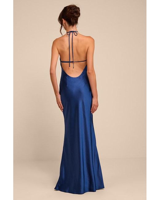 Lulus Blue Roya Satin Halter Backless Maxi Dress