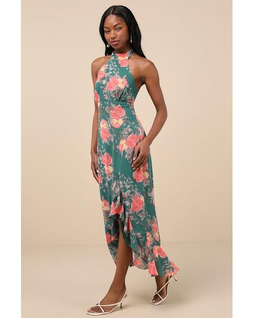 Lulus Blue Elegant Entrance Floral Print Halter Maxi Dress