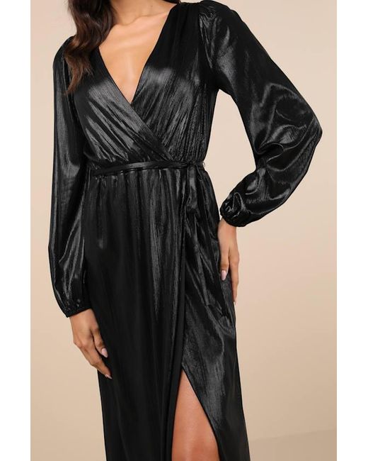 Lulus Natural Extra Aesthetic Shiny Long Sleeve Surplice Maxi Dress