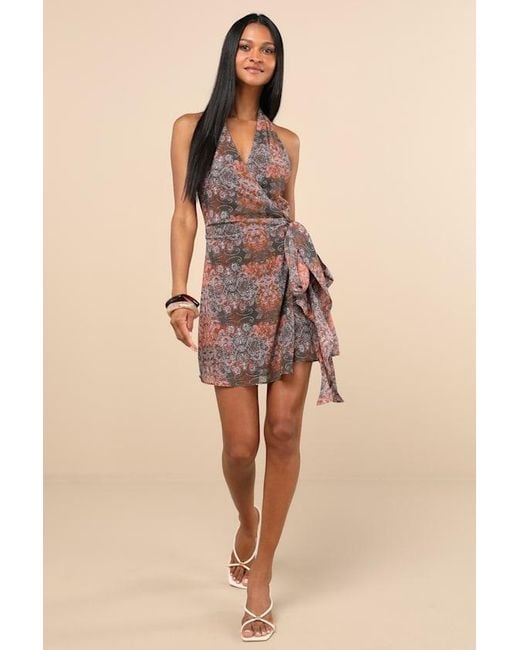 Lulus Brown Felicita Boho Print Halter Wrap Mini Dress