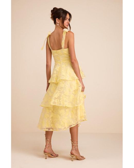 Lulus Yellow Glamorous Sweetie Burnout Tie-Strap Bustier Midi Dress