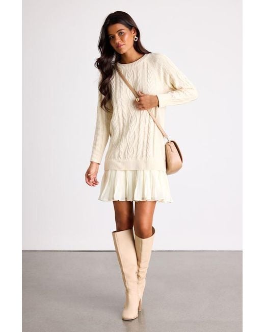 Lulus Alvie Cream Cable Knit Drop Waist Sweater Dress in Natural | Lyst