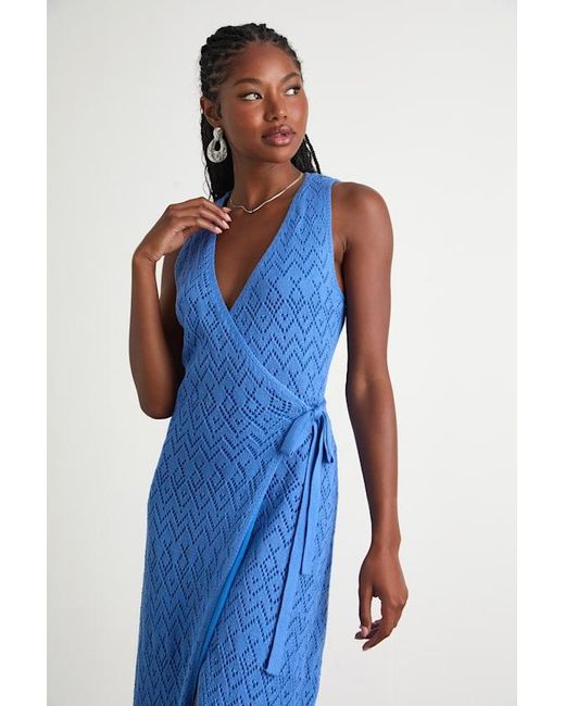 Lulus Blue Livia Pointelle Knit Wrap Midi Dress
