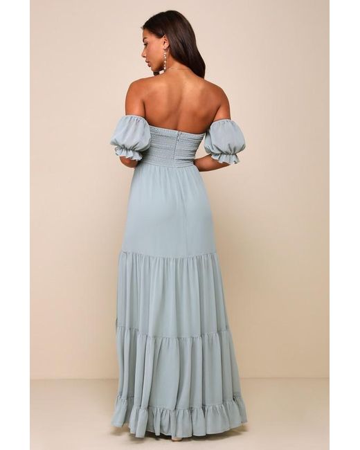 Lulus Blue Exceptionally Gorgeous Sage Chiffon Off-The-Shoulder Maxi Dress