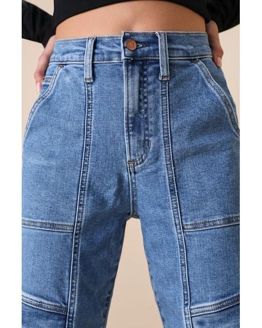 Lulus Blue Ready To Vibe Medium Wash High-Rise Straight Leg Cargo Jeans