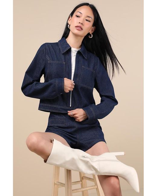 Lulus Blue Isidore Dark Wash Collared Chore Jacket