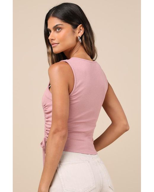 Lulus Pink Certainly Flirty Ribbed Ruched Square Neck Tank Top