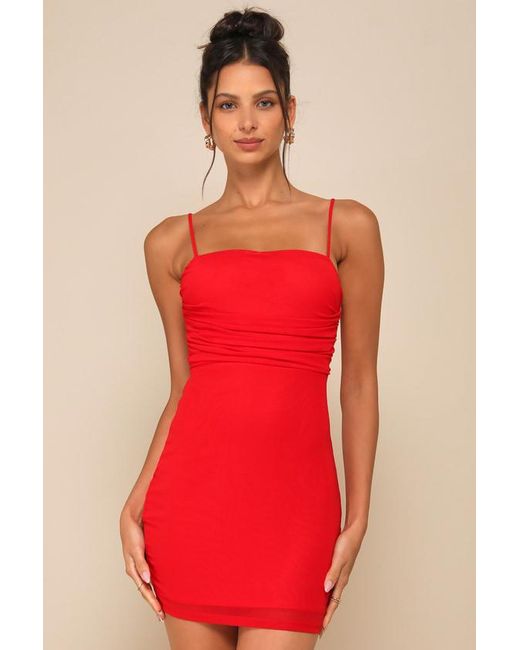 Lulus Red Completely Thriving Mesh Twist-Back Cutout Mini Dress