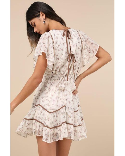 Lulus Natural Adored Outing Floral Flutter Sleeve Surplice Mini Dress