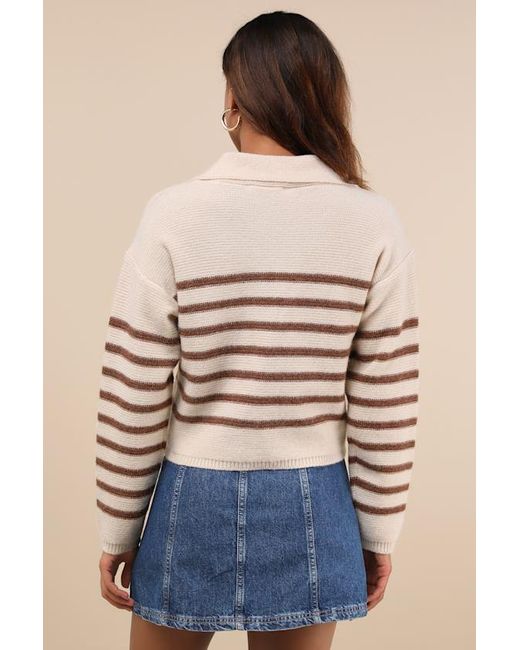 Lulus Blue Timeless Energy Cream Striped Collared Pullover Sweater
