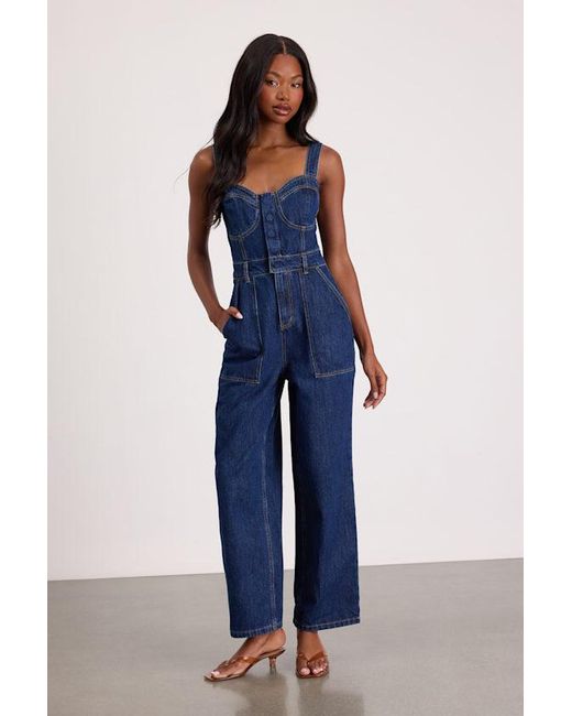 Lulus Blue Fresh Perfection Dark Wash Bustier Sleeveless Denim Jumpsuit