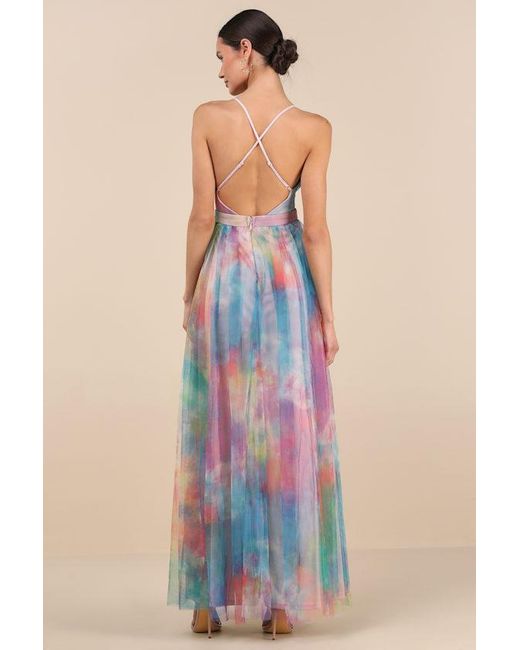 Lulus Red Elegant Moment Multi Watercolor Tie-Dye Backless Maxi Dress