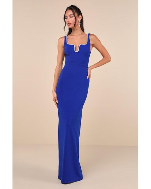 Lulus Blue Sparkling Serenity Cobalt Rhinestone Notched Maxi Dress