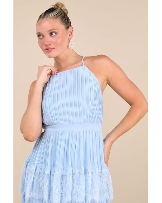 Lulus Blue Came For Cocktails Pleated Tiered Lace Maxi Dress