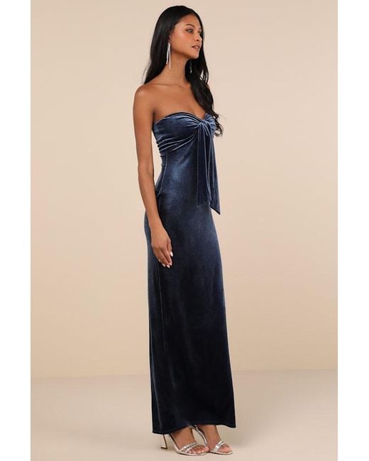 Lulus Blue Divine Existence Velvet Tie-Front Strapless Maxi Dress