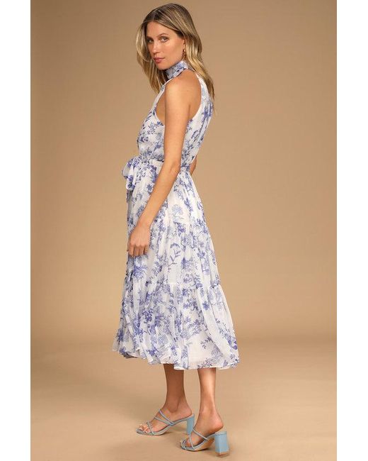 Lulus Blue Float To You Floral Print Halter Tiered Midi Dress