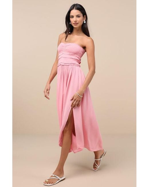 O'neill Sportswear Pink Devyn Smocked Strapless Midi Dress
