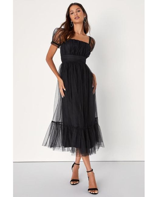 Lulus Black Flawless Aura Tulle Puff Sleeve Ruffled Midi Dress