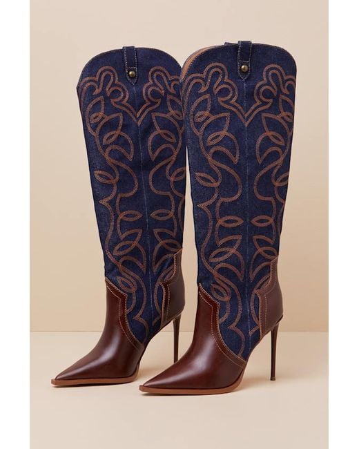 Steve Madden Blue Tyrant Denim Multi Leather Knee-High High Heel Western Boots