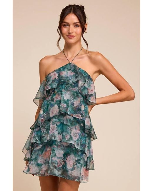 Lulus Blue Melody Multi Floral Tiered Halter Mini Dress