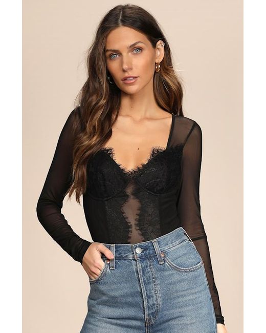 Lulus Blue Stay Sultry Mesh Lace Long Sleeve Bodysuit