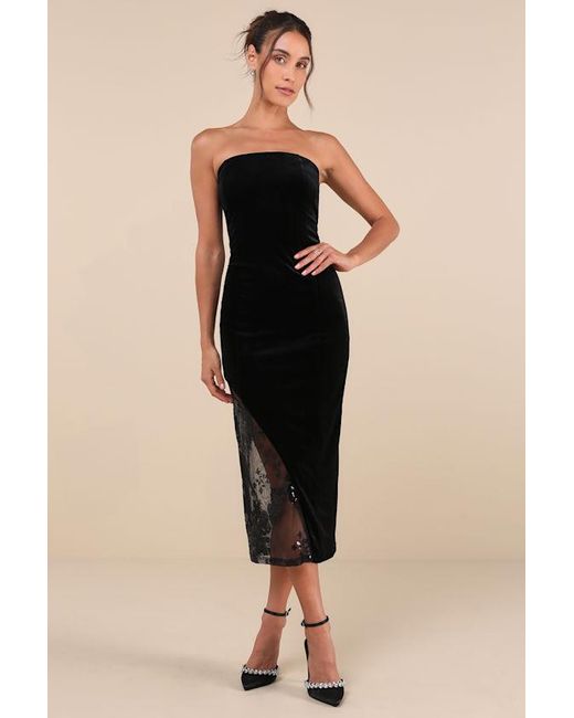 Lulus Black Feeling So Luxe Velvet Mesh Sequin Strapless Midi Dress