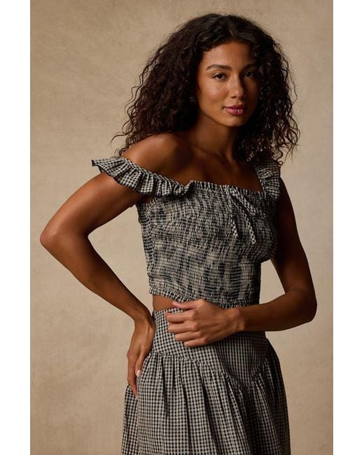 Daisy Street Brown Starling Gingham Smocked Top