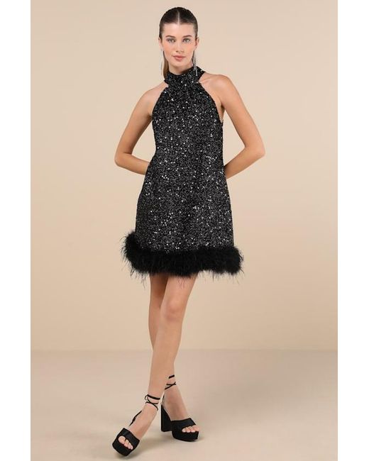 Lulus Black Magnetic Darling Shiny Sequin Feather Shift Mini Dress
