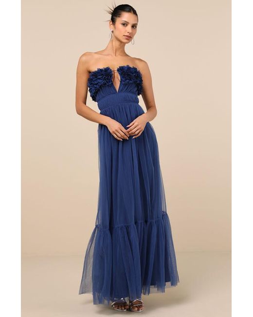 Lulus Blue Chic Spectacle 3D Applique Strapless Maxi Dress