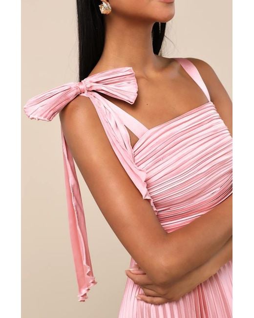 Lulus Pink Gorgeous Purpose Satin Pleated Sleeveless Bow Maxi Dress