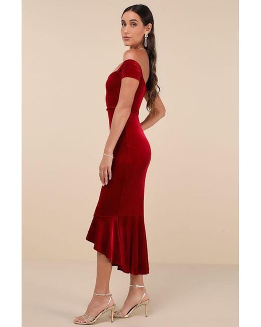 Lulus Red How Much I Care Velvet Off-The-Shoulder Midi Dress