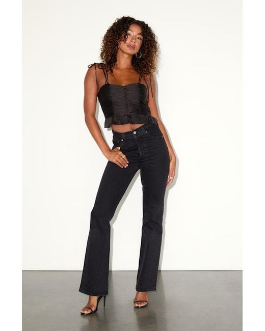 Lulus Black Elliena Satin Ruched Tie-Strap Peplum Crop Top