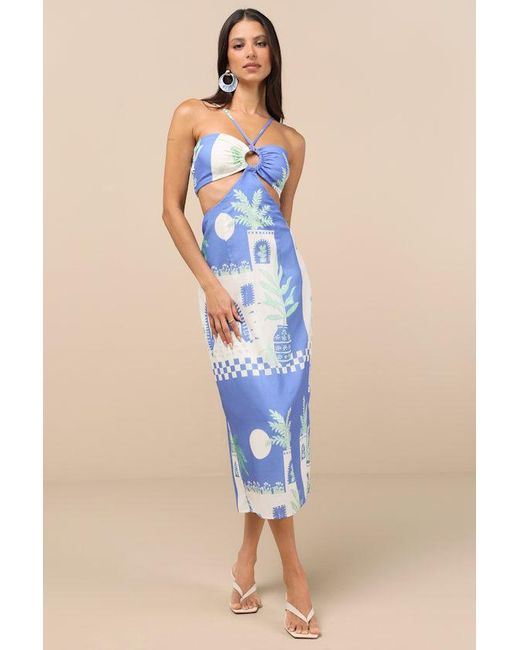 Lulus Blue Beliana Multi Print Halter O-Ring Midi Dress