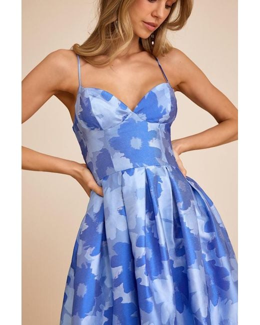 Lulus Blue Vivinna Floral Jacquard Pleated Midi Dress