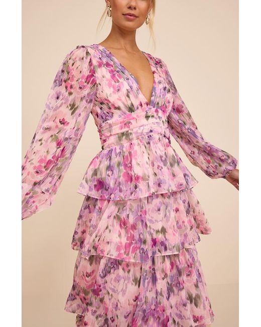 Lulus Pink Macy Blush Multi Floral Tiered Midi Dress