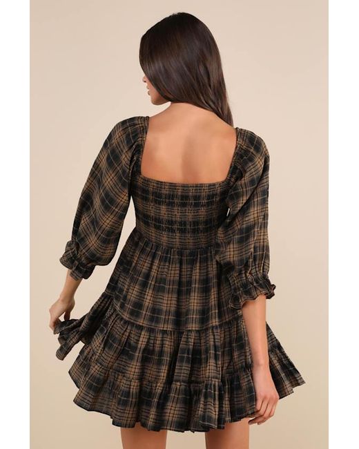 Lulus Brown No One Cuter Plaid Puff Sleeve Tiered Mini Dress
