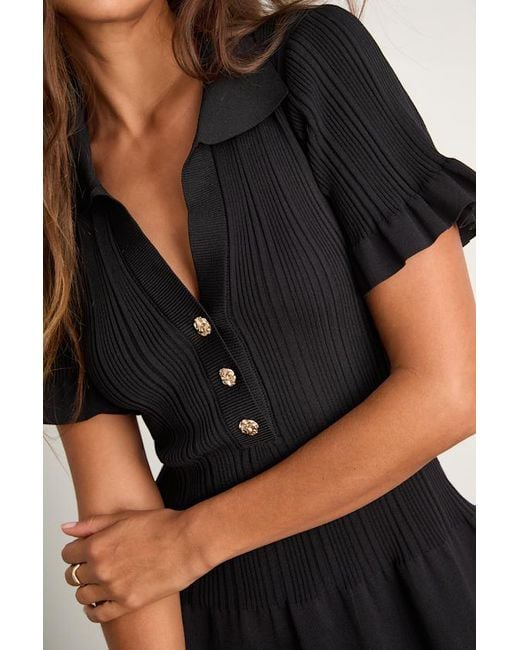 Lulus Black Yavina Collared Skater Sweater Mini Dress