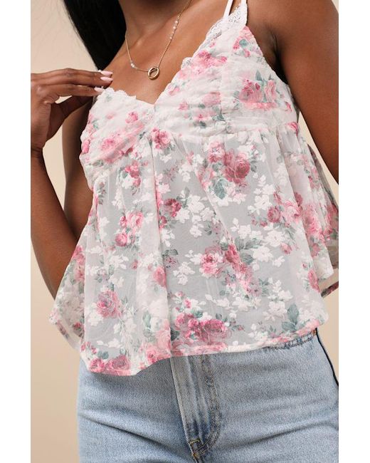 Lulus Pink Alinor And Floral Sheer Babydoll Tank Top