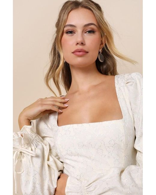 Lulus Natural Elegant Adoration Cream Floral Jacquard Long Sleeve Mini Dress