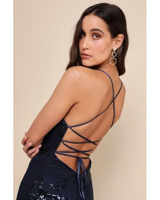 Lulus Valhalla Sequin Lace-Up Maxi Dress in Blue